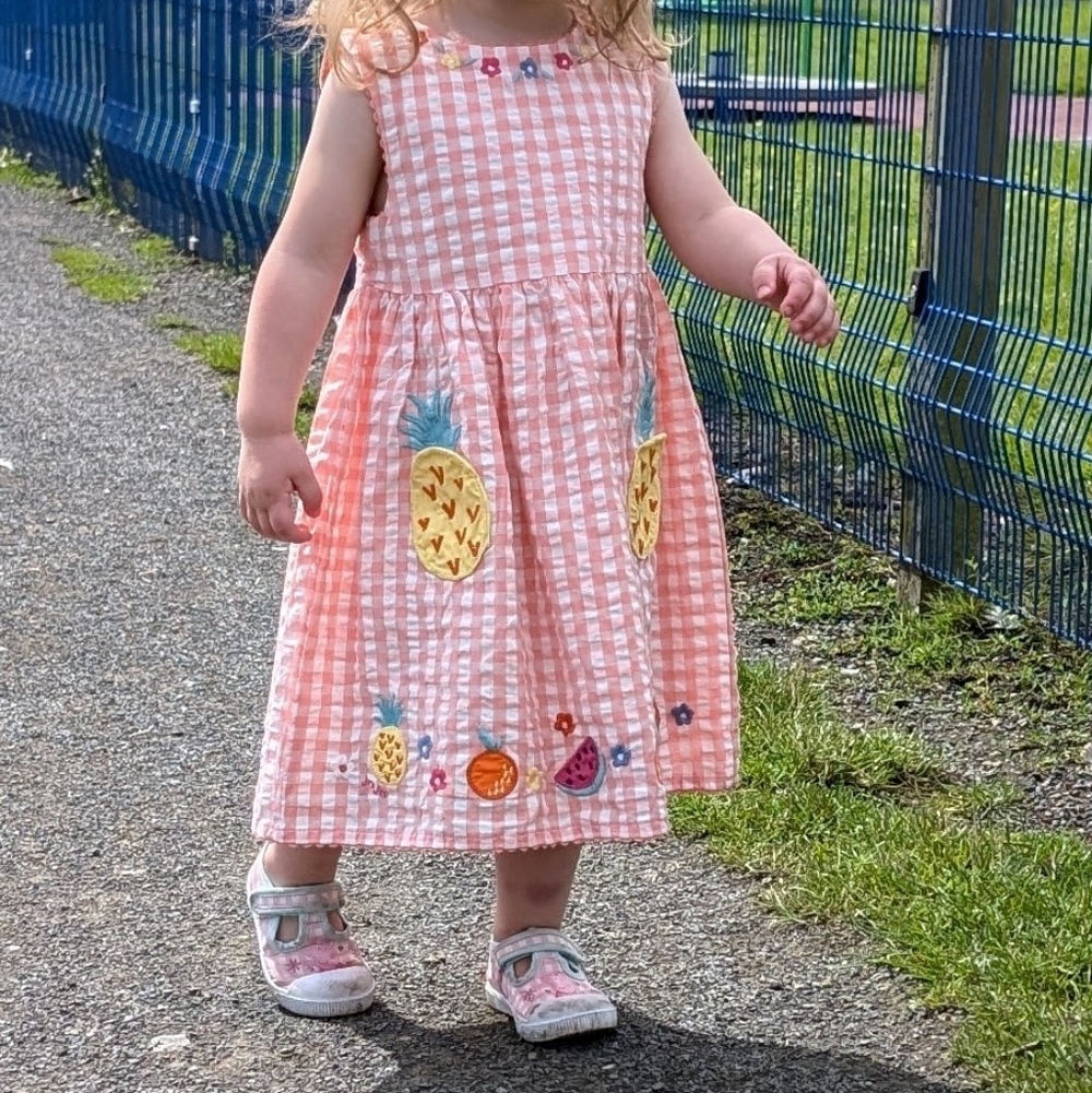 Jojo Maman Bebe Pink Gingham Dress with Pineapple Embroidery